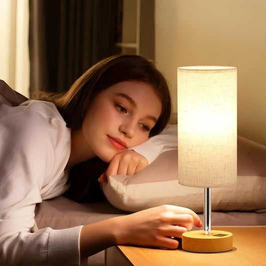 Touch Bedside Table Lamp with USB - 3 Way Dimmable Wood Lamp for Bedroom Nightstand, Desk Lamp with Charging Station for Dorm, Living Room, Office, Kids Room, Nursery, Small